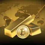 Bitcoin and two Gold bars on dark background.